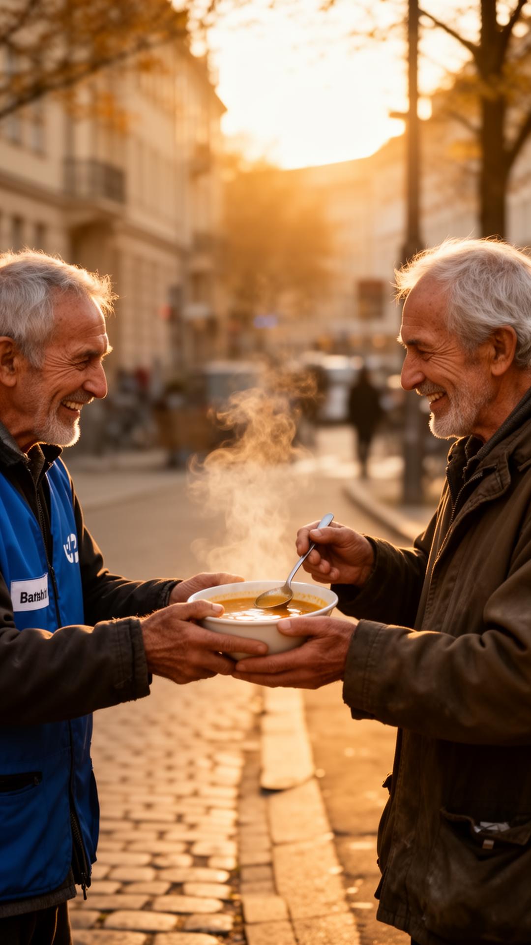 A volunteer hands a warm meal to an older man on a Berlin street at golden hour
